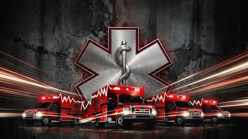 Emergency Medical Technology- Ambulance at the ambulance only entrance of the hospital. There are stretchers located against the wall under the ambulance only sign.